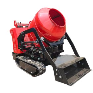 HT-CM500 500L self-loading tracked concrete mixer with front bucket, red