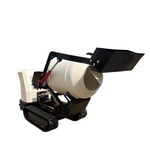 HT-CM200 200L self-loading tracked concrete mixer with raised loading bucket, white