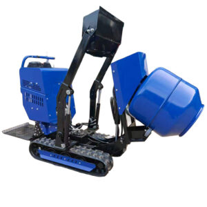 HT-CM300 self-loading tracked concrete mixer with loader bucket and mixing drum